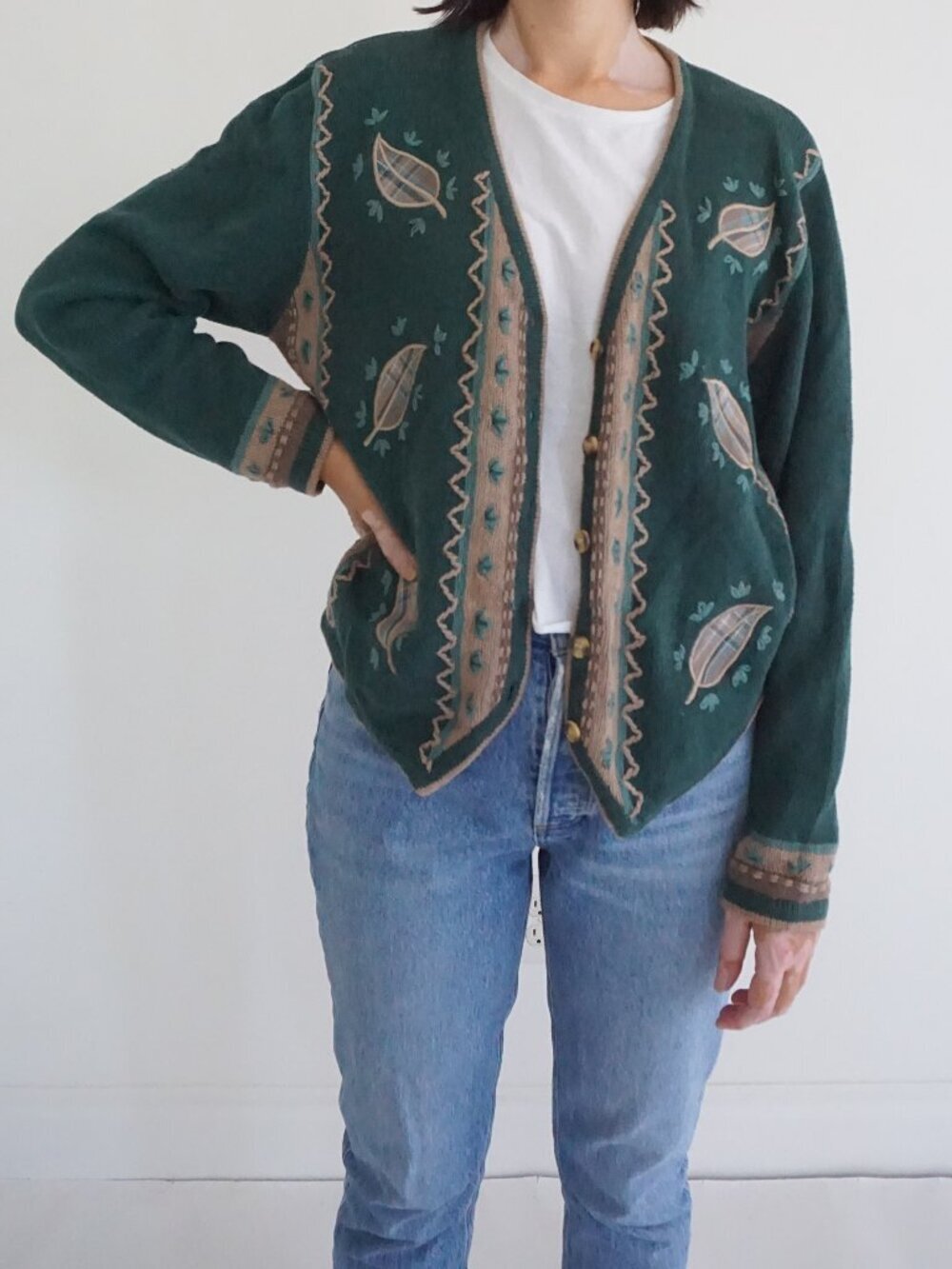 Vintage Christopher Banks Forest Green Leaf Embroidered Button Cotton Cardigan M